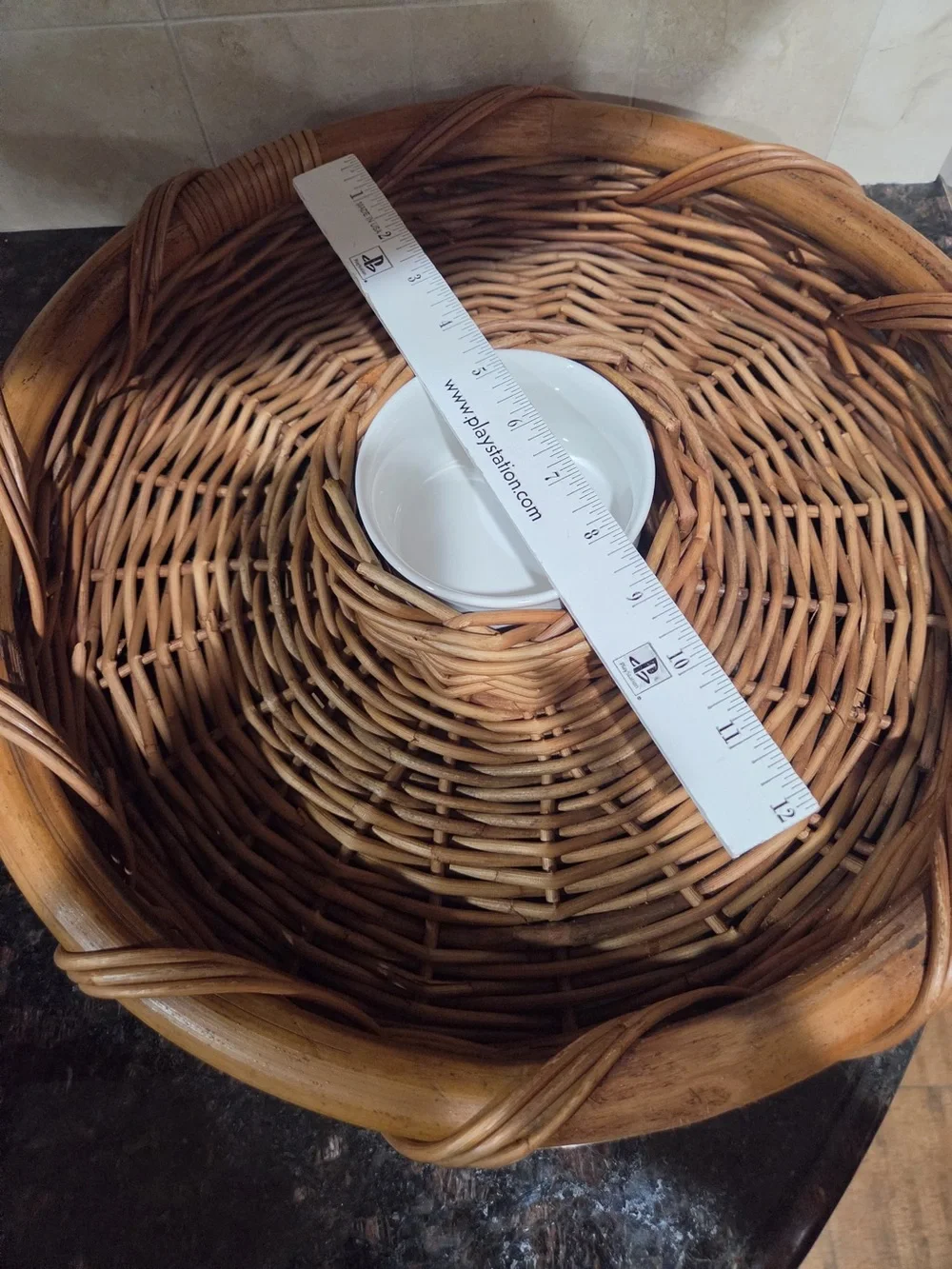 Crate&Barrel Woven Rattan Chip and Dip Tray with White Ceramic Bowl